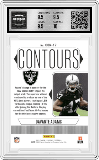 Davante Adams from the 2023 Panini Phoenix set featuring a White Shimmer parallel graded by Arena Club and given an overall grade of 10.