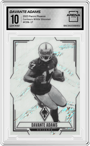 Davante Adams from the 2023 Panini Phoenix set featuring a White Shimmer parallel graded by Arena Club and given an overall grade of 10.
