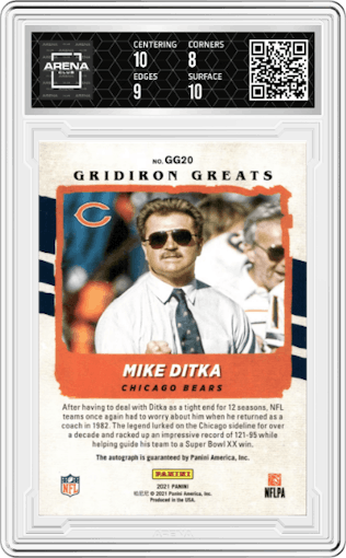 Mike Ditka from the 2021 Panini Donruss set graded by Arena Club and given an overall grade of 8.5.