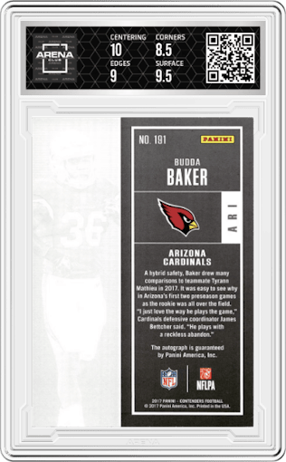 Budda Baker from the 2017 Panini Contenders set featuring a Championship parallel graded by Arena Club and given an overall grade of 9.