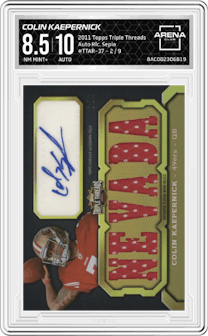 Colin Kaepernick from the 2011 Topps Triple Threads set featuring a Sepia parallel graded by Arena Club and given an overall grade of 8.5.
