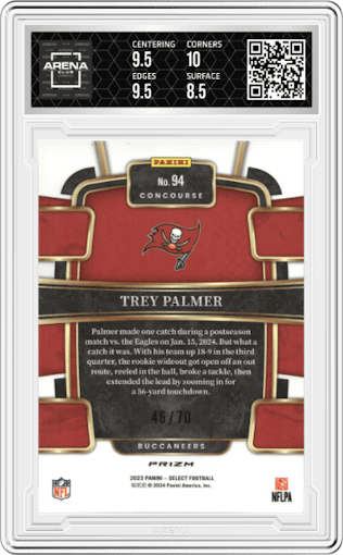 Trey Palmer from the 2023 Panini Select set featuring a Dragon Scale parallel graded by Arena Club and given an overall grade of 9.