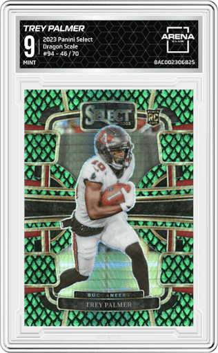 Trey Palmer from the 2023 Panini Select set featuring a Dragon Scale parallel graded by Arena Club and given an overall grade of 9.