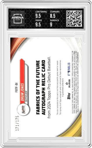 Druw Jones from the 2024 Topps Pro Debut set graded by Arena Club and given an overall grade of 9.