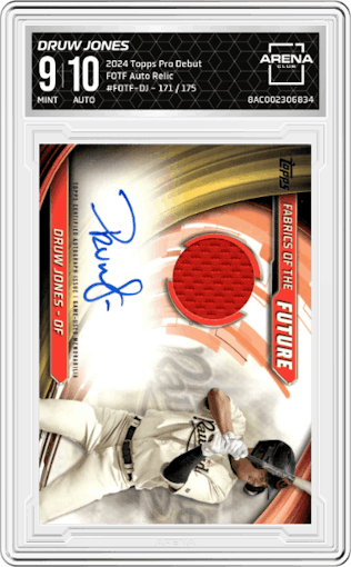 Druw Jones from the 2024 Topps Pro Debut set graded by Arena Club and given an overall grade of 9.