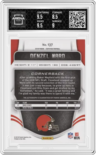 Denzel Ward from the 2018 Panini Certified set featuring a Purple Etch parallel graded by Arena Club and given an overall grade of 9.