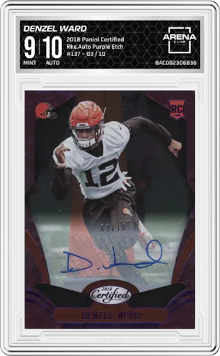 Denzel Ward from the 2018 Panini Certified set featuring a Purple Etch parallel graded by Arena Club and given an overall grade of 9.