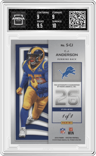 C.J. Anderson from the 2019 Panini Spectra set featuring a Gold parallel graded by Arena Club and given an overall grade of 9.5.