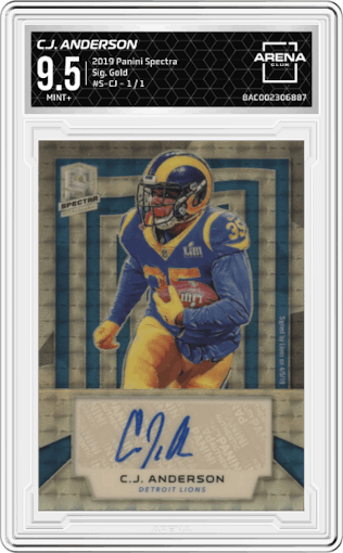 C.J. Anderson from the 2019 Panini Spectra set featuring a Gold parallel graded by Arena Club and given an overall grade of 9.5.