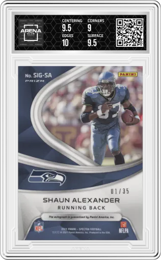 Shaun Alexander from the 2021 Panini Spectra set graded by Arena Club and given an overall grade of 9.5.