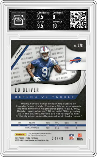 Ed Oliver from the 2019 Panini Prizm set featuring a Purple Power parallel graded by Arena Club and given an overall grade of 9.5.