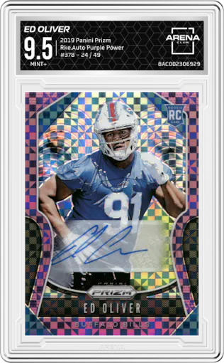 Ed Oliver from the 2019 Panini Prizm set featuring a Purple Power parallel graded by Arena Club and given an overall grade of 9.5.