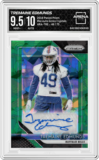 Tremaine Edmunds from the 2018 Panini Prizm set featuring a Green Crystals parallel graded by Arena Club and given an overall grade of 9.5.