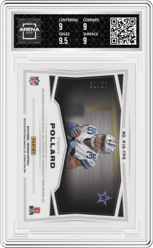 Tony Pollard from the 2019 Panini Obsidian set featuring a Electric Etch Orange parallel graded by Arena Club and given an overall grade of 9.