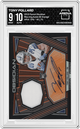 Tony Pollard from the 2019 Panini Obsidian set featuring a Electric Etch Orange parallel graded by Arena Club and given an overall grade of 9.
