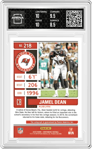 Jamel Dean from the 2019 Panini Contenders set featuring a Cracked Ice parallel graded by Arena Club and given an overall grade of 9.