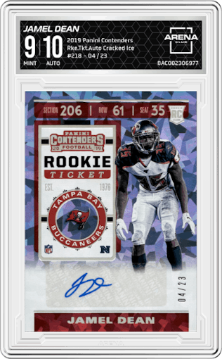 Jamel Dean from the 2019 Panini Contenders set featuring a Cracked Ice parallel graded by Arena Club and given an overall grade of 9.