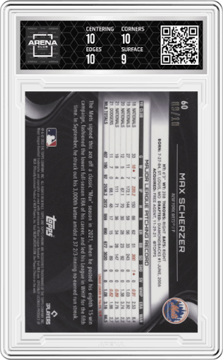 Max Scherzer from the 2022 Topps Chrome Black set featuring a Magenta Refractor parallel graded by Arena Club and given an overall grade of 9.5.