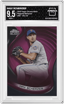 Max Scherzer from the 2022 Topps Chrome Black set featuring a Magenta Refractor parallel graded by Arena Club and given an overall grade of 9.5.