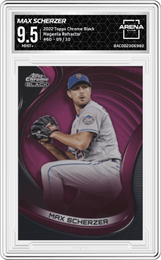 Max Scherzer from the 2022 Topps Chrome Black set featuring a Magenta Refractor parallel graded by Arena Club and given an overall grade of 9.5.