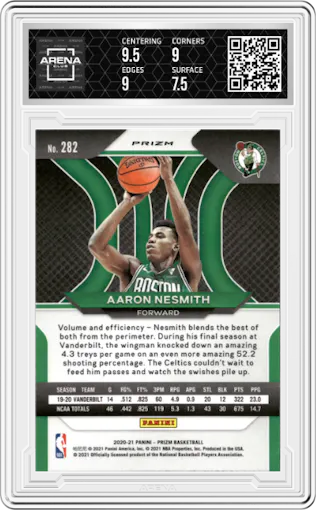 Aaron Nesmith from the 2020-21 Panini Prizm set featuring a Choice Tiger Stripe parallel graded by Arena Club and given an overall grade of 8.