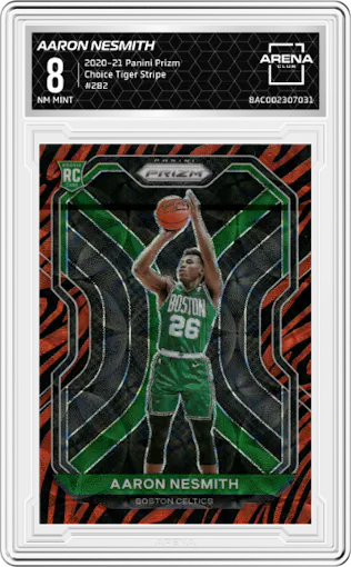 Aaron Nesmith from the 2020-21 Panini Prizm set featuring a Choice Tiger Stripe parallel graded by Arena Club and given an overall grade of 8.