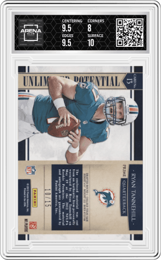 Ryan Tannehill from the 2012 Panini Prominence set featuring a Prime parallel graded by Arena Club and given an overall grade of 8.5.