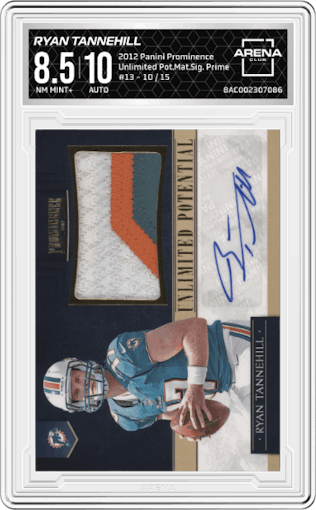 Ryan Tannehill from the 2012 Panini Prominence set featuring a Prime parallel graded by Arena Club and given an overall grade of 8.5.