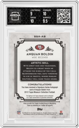 Anquan Boldin from the 2013 Topps Museum Collection set featuring a Gold parallel graded by Arena Club and given an overall grade of 9.5.