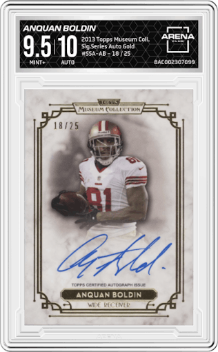 Anquan Boldin from the 2013 Topps Museum Collection set featuring a Gold parallel graded by Arena Club and given an overall grade of 9.5.