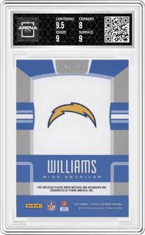Mike Williams from the 2017 Panini Plates & Patches set featuring a Blue parallel graded by Arena Club and given an overall grade of 8.5.