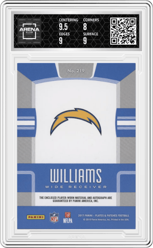 Mike Williams from the 2017 Panini Plates & Patches set featuring a Blue parallel graded by Arena Club and given an overall grade of 8.5.