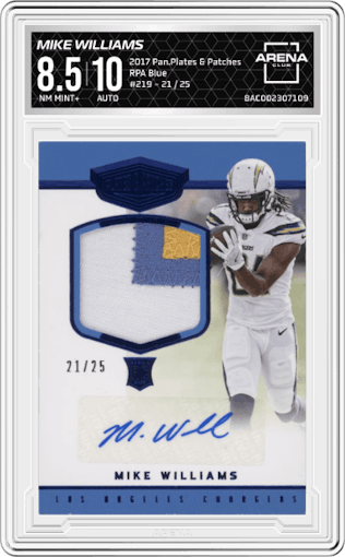 Mike Williams from the 2017 Panini Plates & Patches set featuring a Blue parallel graded by Arena Club and given an overall grade of 8.5.