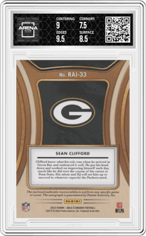 Sean Clifford from the 2023 Panini Gold Standard set featuring a NFL Shield parallel graded by Arena Club and given an overall grade of 8.