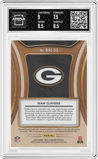 Sean Clifford from the 2023 Panini Gold Standard set featuring a NFL Shield parallel graded by Arena Club and given an overall grade of 8.