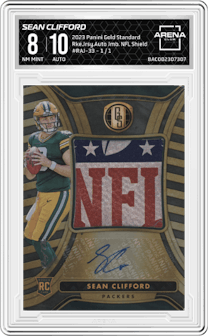 Sean Clifford from the 2023 Panini Gold Standard set featuring a NFL Shield parallel graded by Arena Club and given an overall grade of 8.