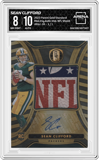 Sean Clifford from the 2023 Panini Gold Standard set featuring a NFL Shield parallel graded by Arena Club and given an overall grade of 8.