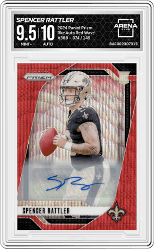 Spencer Rattler from the 2024 Panini Prizm set featuring a Red Wave parallel graded by Arena Club and given an overall grade of 9.5.