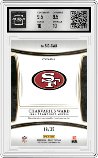 Charvarius Ward from the 2023 Panini Select set featuring a White Prizm parallel graded by Arena Club and given an overall grade of 10.