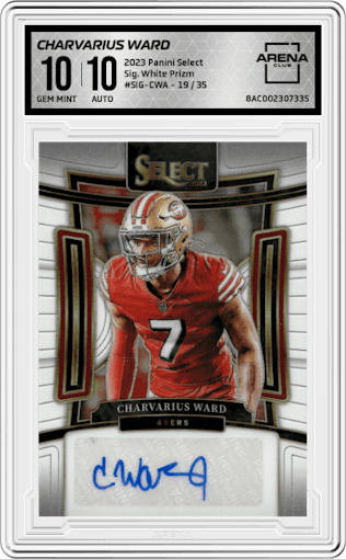 Charvarius Ward from the 2023 Panini Select set featuring a White Prizm parallel graded by Arena Club and given an overall grade of 10.
