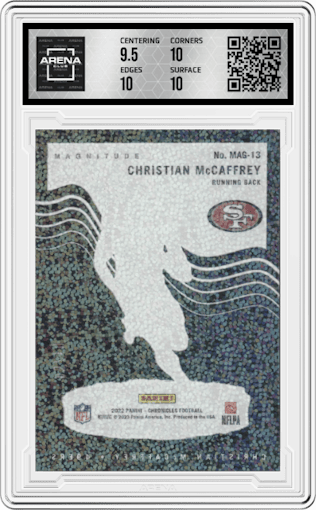 Christian McCaffrey from the 2022 Panini Chronicles set featuring a Gold Holo parallel graded by Arena Club and given an overall grade of 10.