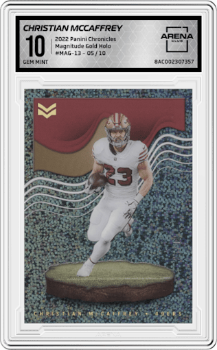Christian McCaffrey from the 2022 Panini Chronicles set featuring a Gold Holo parallel graded by Arena Club and given an overall grade of 10.
