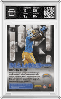 Keenan Allen from the 2022 Panini Donruss Optic set featuring a Black Pandora  parallel graded by Arena Club and given an overall grade of 9.