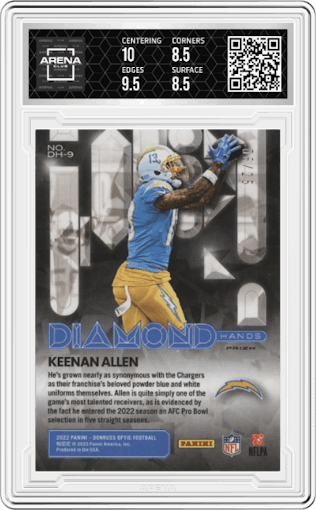 Keenan Allen from the 2022 Panini Donruss Optic set featuring a Black Pandora  parallel graded by Arena Club and given an overall grade of 9.