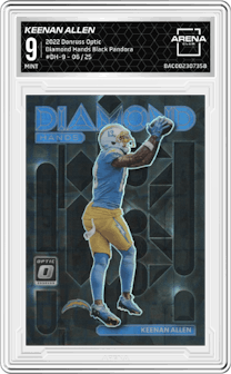 Keenan Allen from the 2022 Panini Donruss Optic set featuring a Black Pandora  parallel graded by Arena Club and given an overall grade of 9.
