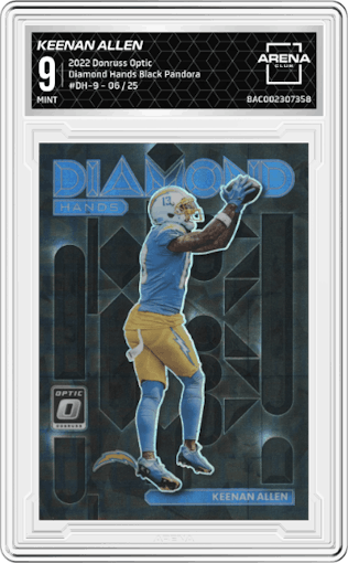 Keenan Allen from the 2022 Panini Donruss Optic set featuring a Black Pandora  parallel graded by Arena Club and given an overall grade of 9.