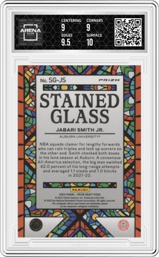Jabari Smith Jr. from the 2022-23 Panini Prizm Draft Picks set graded by Arena Club and given an overall grade of 9.5.