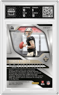 Spencer Rattler from the 2024 Panini Prizm set featuring a  Silver  parallel graded by Arena Club and given an overall grade of 9.5.