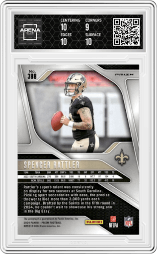 Spencer Rattler from the 2024 Panini Prizm set featuring a  Silver  parallel graded by Arena Club and given an overall grade of 9.5.