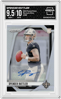 Spencer Rattler from the 2024 Panini Prizm set featuring a  Silver  parallel graded by Arena Club and given an overall grade of 9.5.